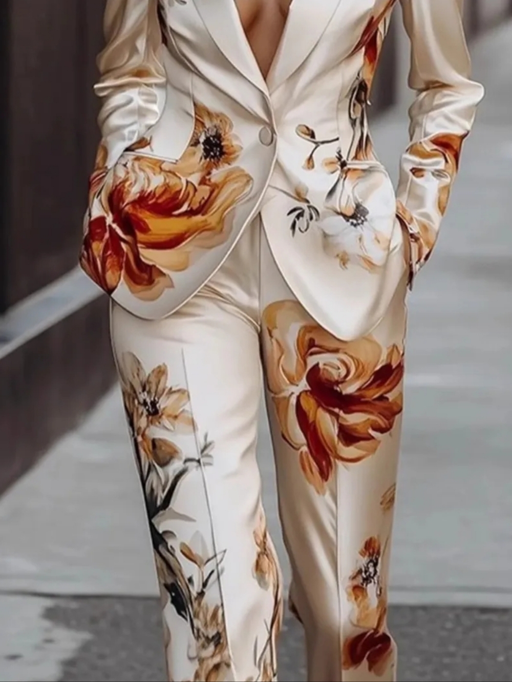 Floral Cream Satin Women's Blazer & Pants Set - Picture 3 of 8